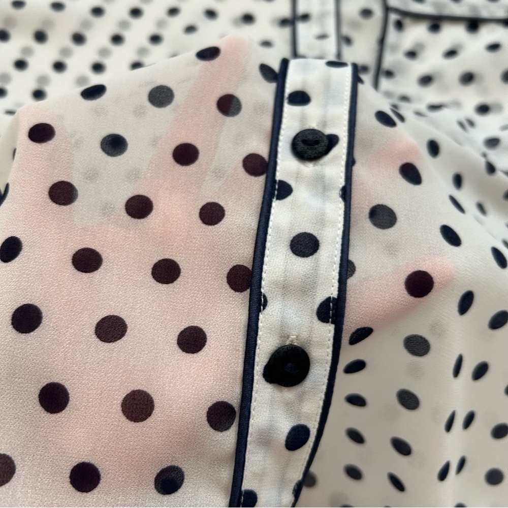 Cape Madras Sheer Polka Dot Button Up Blouse White Navy Blue Medium - Picture 5 of 10